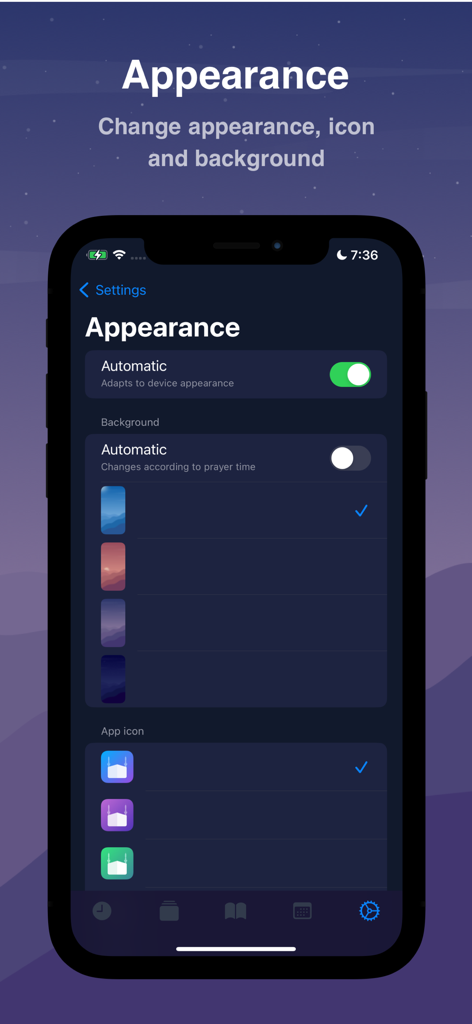 Moatheni: Muslim Prayer Times - Schermata delle impostazioni dell'aspetto dell'app Moatheni che mostra opzioni di personalizzazione per lo sfondo e le icone dell'app
