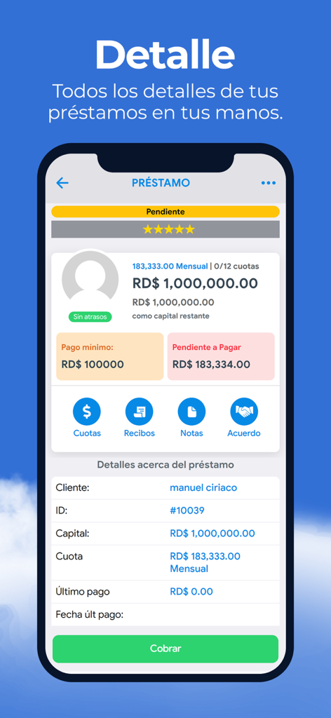 Préstamos CLOUD - Interfaz de la aplicación móvil que muestra información detallada del préstamo, incluido el saldo, los datos del cliente y las opciones de cobro para microprestamistas.