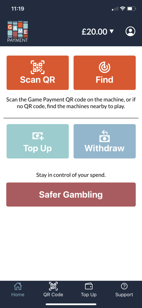 Game Payment: cashless gaming - ゲームペイメントアプリのホーム画面。QRスキャン、機械検索、チャージ、出金、セーフギャンブリング機能が表示されます。