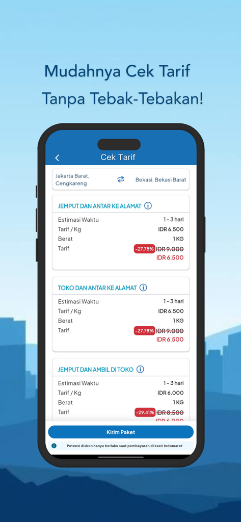Indopaket app screen showing shipping rate options and delivery estimates