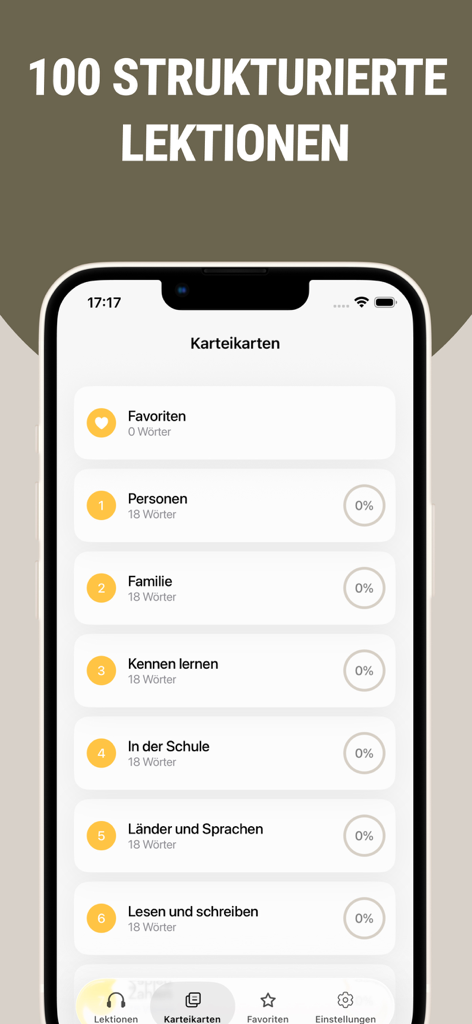 Mobile interface showing structured Korean language lessons and flashcard categories