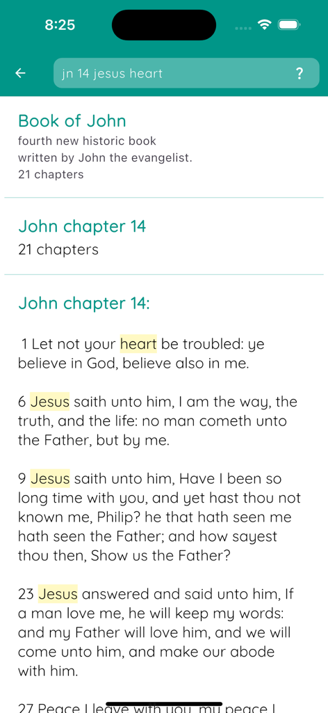 ionBible: Read, Study & Listen - ionBible app search results screen for John chapter 14 showing highlighted verses