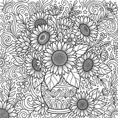 Dive into a world of intricate floral beauty with this stunning coloring page featuring a bouquet of cut sunflowers. Perfect for teens seeking a creative outlet, this detailed design offers hours of relaxing and engaging artistic expression.