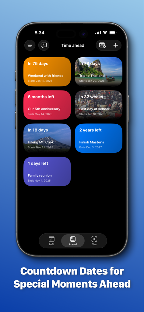 Left - Widgets for Time Left - A mobile app interface displaying multiple colorful countdown widgets for upcoming events like trips, anniversaries, and school milestones.