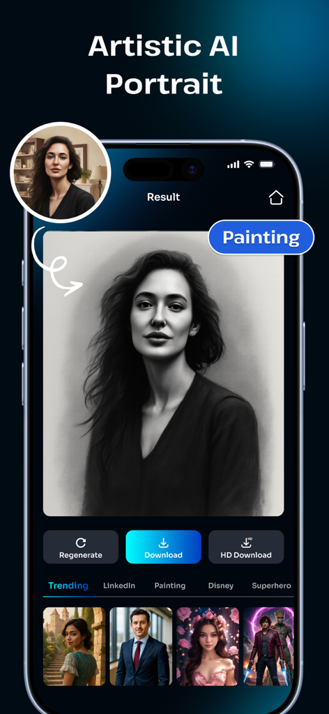 AI画像ジェネレータースタジオのアプリインターフェース。自撮り写真から作成された木炭画スタイルの芸術的なポートレートが表示されています。