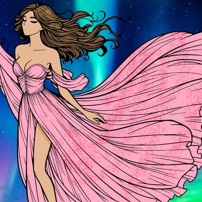 realistic woman in dress flowing the the wind