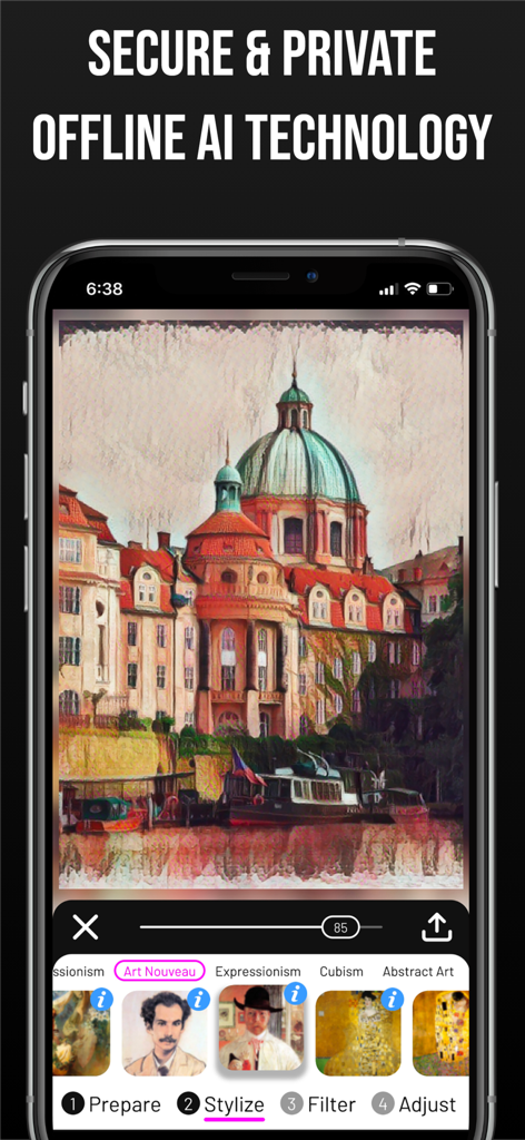 Paintation: Famous Art Filters - Pantalla de smartphone mostrando la aplicación Paintation con una foto de paisaje urbano estilizada y opciones de filtros de movimientos artísticos