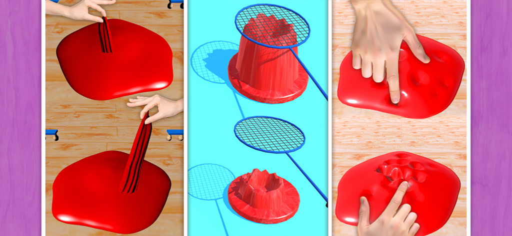 Makeup Slime Game! Relaxation - Interacciones táctiles con slime rojo, incluyendo estirar, pinchar y presionar con una rejilla de malla