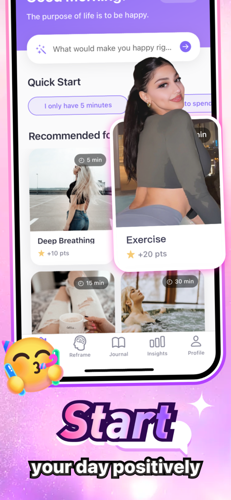 Bliss - Find Your Joy - Blissアプリのインターフェース。喜びポイントを獲得するための、深呼吸や運動などの推奨ウェルネスアクティビティが表示されています。