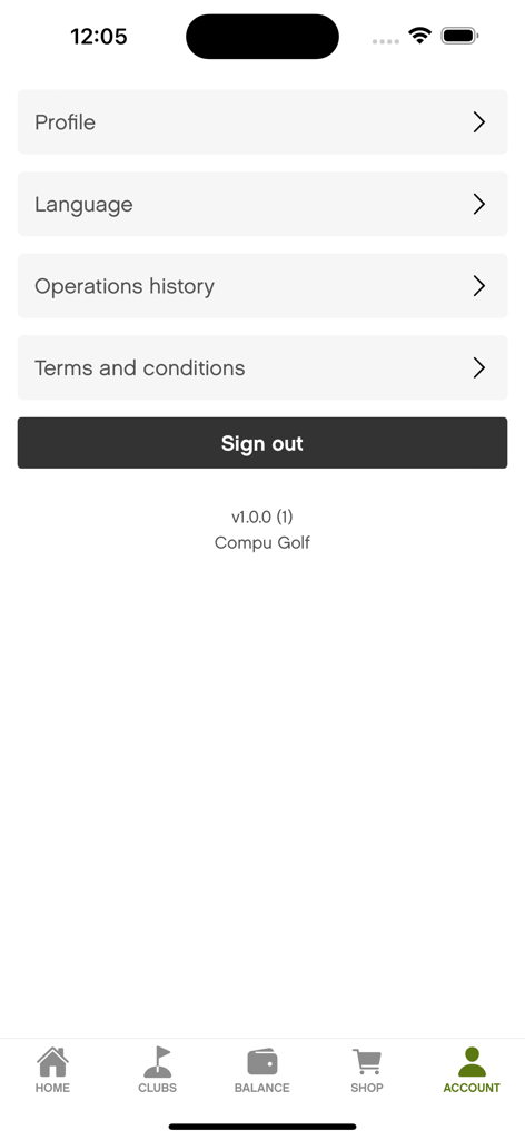 Compu Golf - Pantalla de configuración de cuenta de la aplicación Compu Golf mostrando opciones de perfil y un botón de cierre de sesión