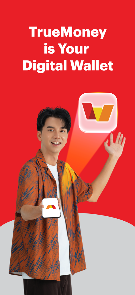 TrueMoney Cambodia - A man holding a smartphone displaying the TrueMoney Cambodia digital wallet logo on a red background.