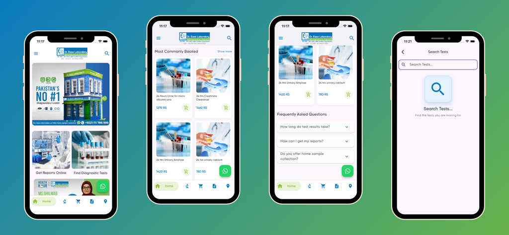 Dr. Essa Lab - Mobile app screens for Dr. Essa Lab featuring diagnostic test booking home services and lab report access
