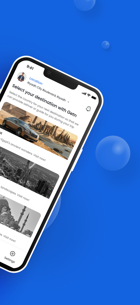Getn Rider - Interface of Getn Rider app showing destination selection with options for booking private drivers and tour guides featuring a luxury car in Egypt.