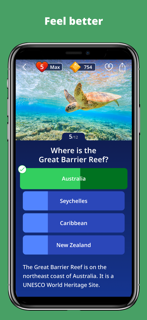 Antistress trivia app showing a geography question about the Great Barrier Reef with a turtle image