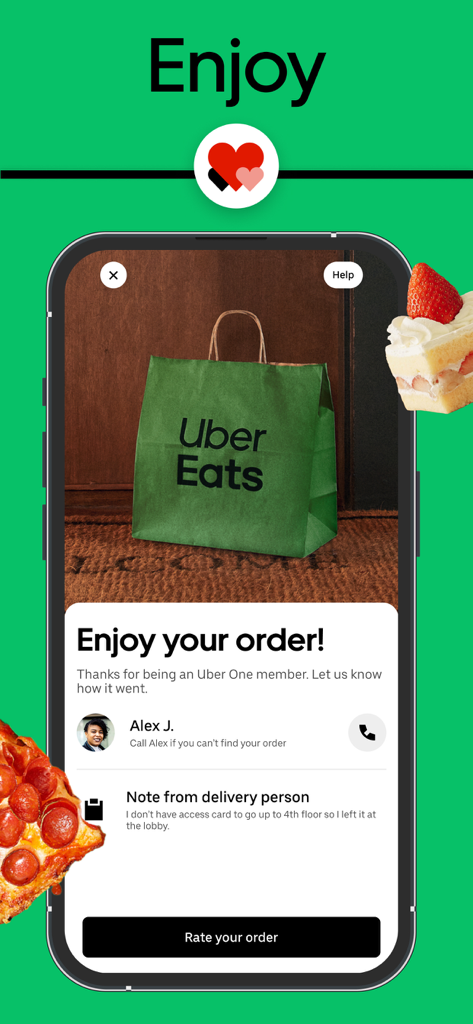 Uber Eats app showing a completed food delivery with a photo of the order bag on a doorstep and a prompt to rate the order