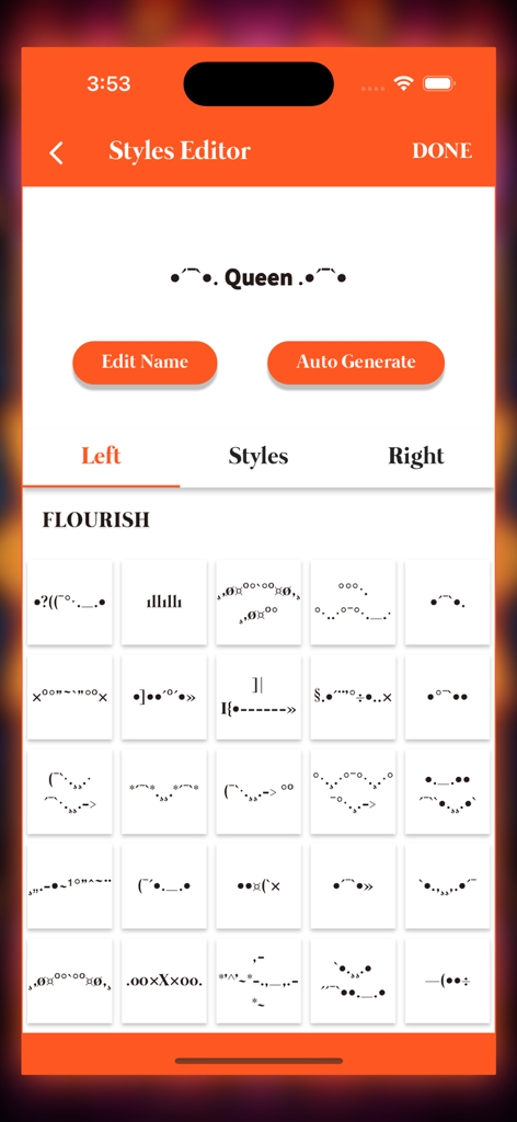 Name Style : Nickname Creator - A interface do editor de estilos de um aplicativo criador de apelidos exibindo símbolos de floreio para personalizar nomes.