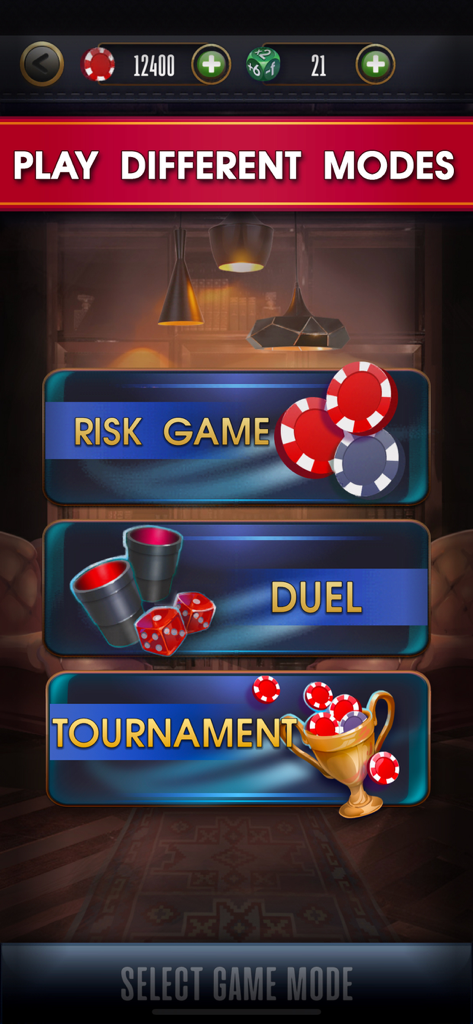 Game mode selection screen for Farkle online showing Risk Game, Duel, and Tournament options.