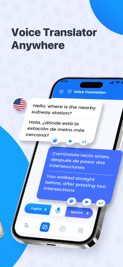 Smart Translator app interface showing a real-time voice translation conversation between English and Spanish