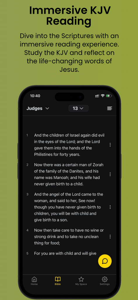 Experiencia de lectura inmersiva de la Biblia KJV en la aplicación BibleAI.