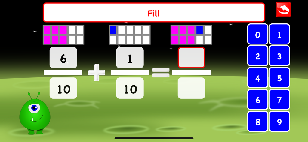 Fractions Learn Games for Kids - Pantalla de juego matemático educativo que muestra un problema de suma de fracciones con ayudas visuales