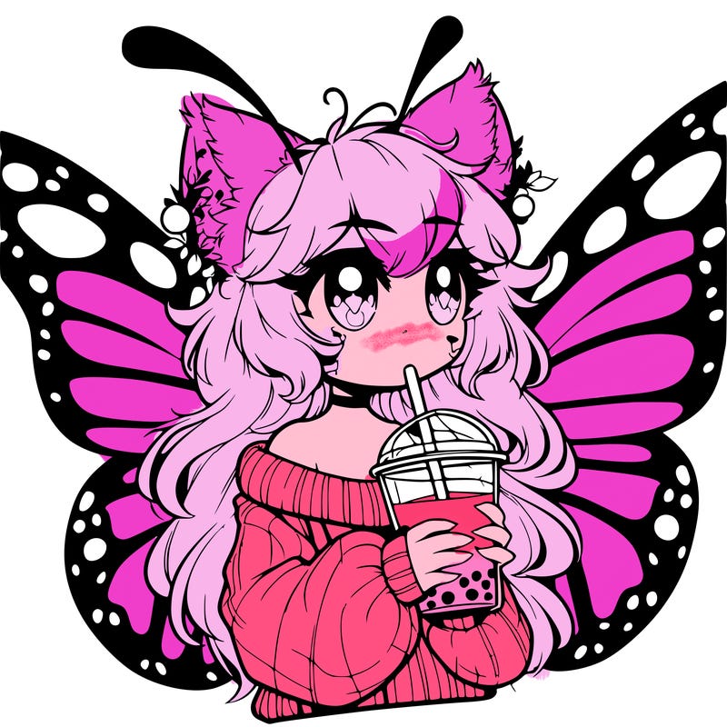 a realistic butterfly/furry girl drinking boba