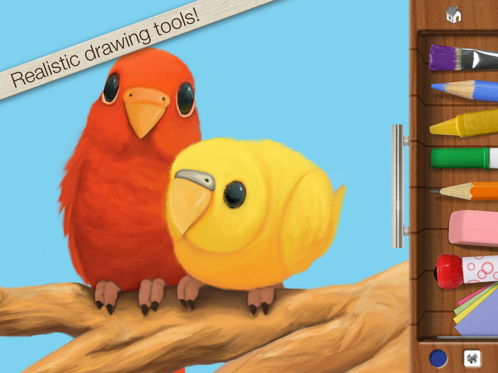 Drawing Pad - Digital painting of red and yellow birds with a sidebar showing realistic art tools like crayons and brushes.