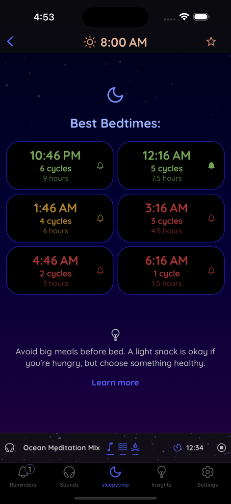 sleepytime calculator - Sleepytime Calculator interface showing suggested bedtimes based on ninety minute sleep cycles