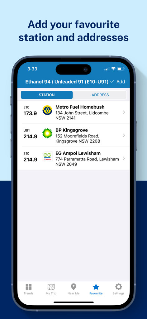 A mobile app screen titled Favorite showing a list of saved fuel stations with real-time petrol prices and locations in New South Wales.