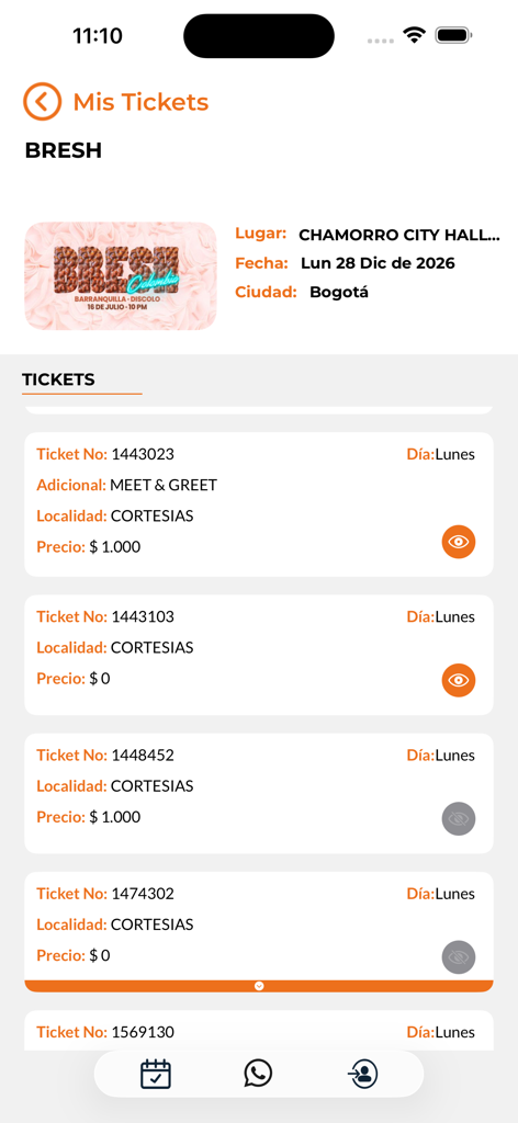 All Tickets App - Mobile app interface showing a list of tickets for an event named BRESH with details like ticket number and price