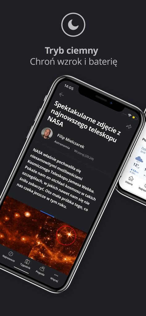 Interia - Interia Mobile News App-Oberfläche im Dunkelmodus mit einem Artikel über ein NASA-Teleskop