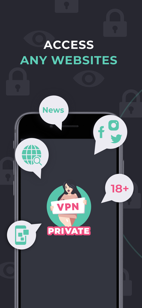 VPN Private - Gráfico do aplicativo VPN Private mostrando a capacidade de acessar notícias de mídia social e conteúdo restrito em um dispositivo móvel