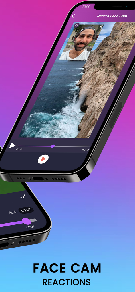 iPhone screen showing a video reaction with a face cam overlay using Screen Recorder Pro app