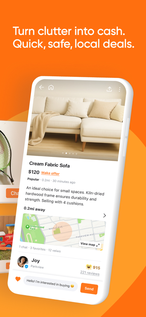 A smartphone screen showing a cream fabric sofa listing on the Karrot app with seller ratings and a neighborhood map