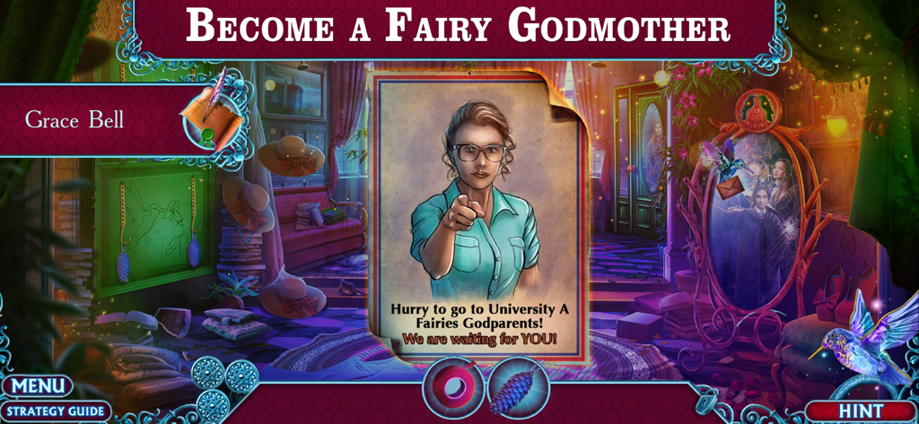 Fairy Godmother: Cinderella - Gameplay screenshot of Fairy Godmother Cinderella featuring a character invitation and magical room setting.