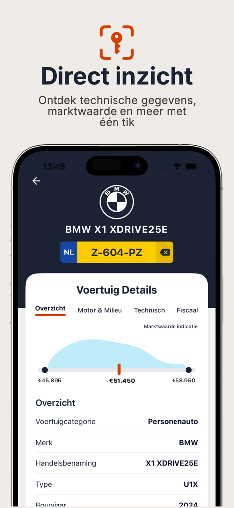 Vehicle information and market value overview for a BMW X1 in the Kenteken Check Auto app