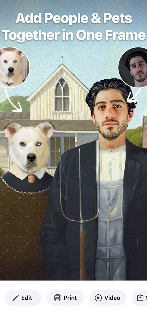 A man and a dog integrated into a parody of the American Gothic painting using AI