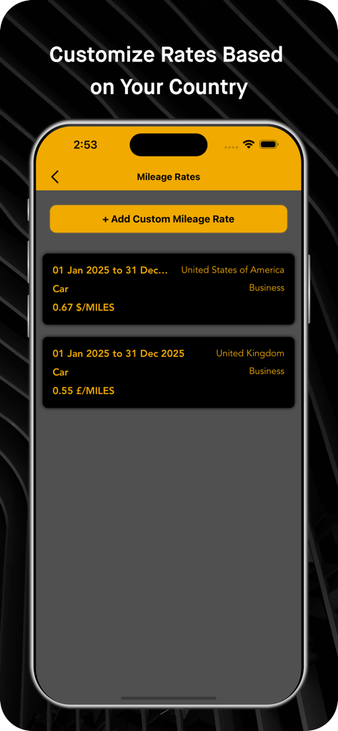 Tela do aplicativo Rastreador de Quilometragem de Viagem mostrando taxas de quilometragem personalizáveis para os Estados Unidos e o Reino Unido