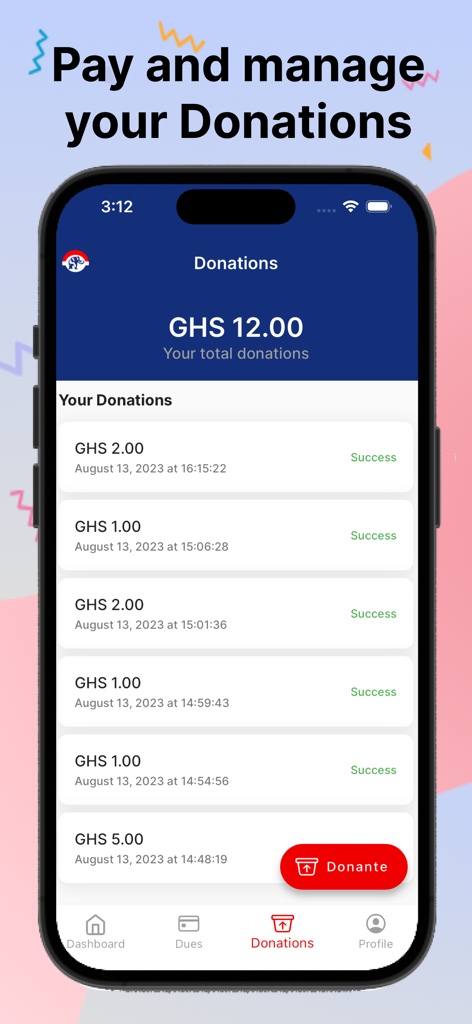 NPP Mobile - The NPP Mobile app donations interface displaying a summary of total contributions and a detailed history of successful transactions.