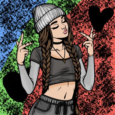 realistic teenage girl with braids and a beanie and crop top doing 🫶🏼