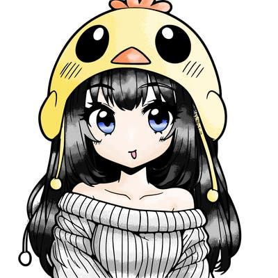anime girl with chick shaped hat with sweater with bare shoulders with bangs covering them one eye with low tail