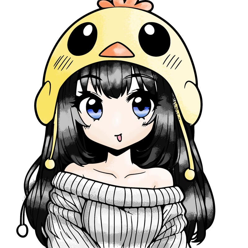 anime girl with chick shaped hat with sweater with bare shoulders with bangs covering them one eye with low tail