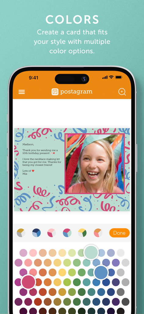 Postagram app interface showing a wide range of color choices for personalizing a photo postcard featuring a young girl's portrait