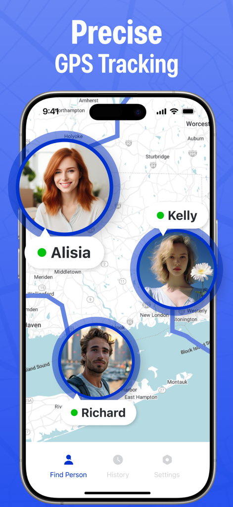 My Phone Tracker・Track Device - Interface de l'application Mon Localisateur de Téléphone montrant les emplacements en temps réel des membres de la famille sur une carte GPS