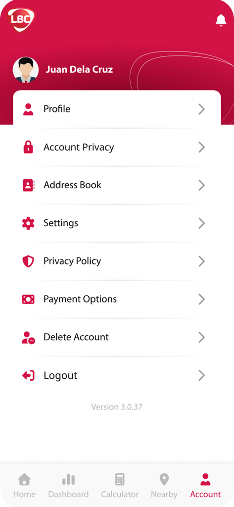 LBC Express - LBC Express app account settings screen with user profile information and management options