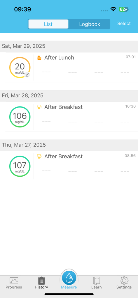 Registro de mediciones de glucosa en sangre con fecha y etiquetas de comidas en la aplicación iHealth Gluco-Smart