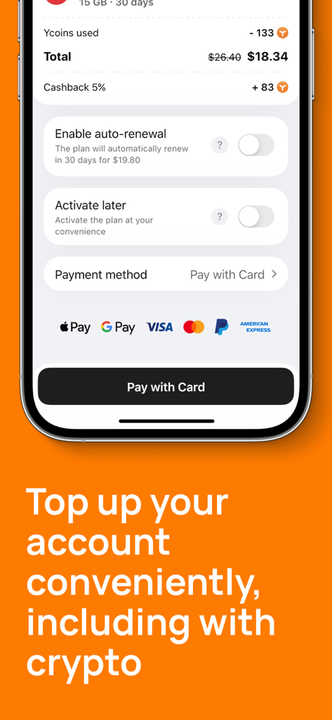 Mobile app checkout screen for Yesim eSIM showing plan pricing and payment methods like Apple Pay and credit cards