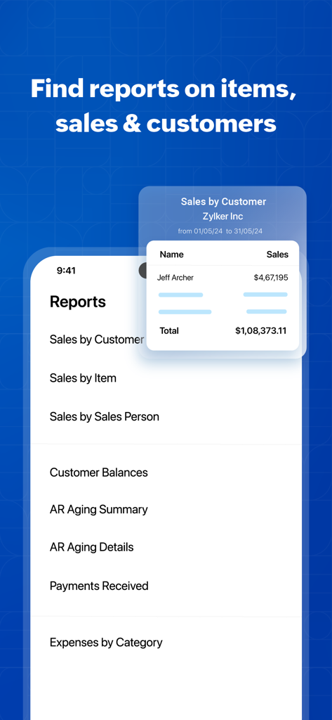 Zoho Invoice Maker App - Zoho Invoice app showing a reports menu and a sales by customer summary for a business.