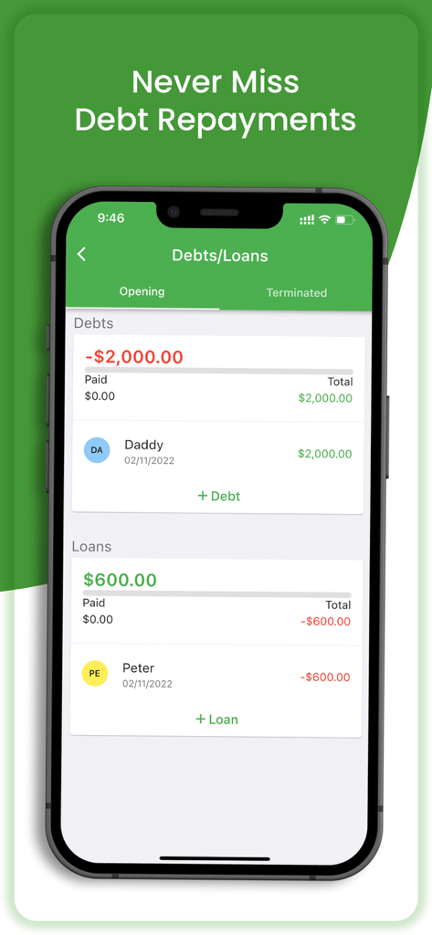 Finance Assist: Money Tracker - Finance Assist app screen showing debt and loan tracking with a header text Never Miss Debt Repayments.