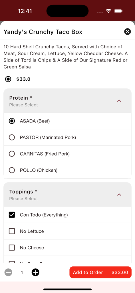Personalizando uma caixa de taco crocante com opções de proteína e acompanhamentos no aplicativo móvel Taqueria El Sabrosito
