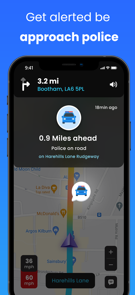 Aplicativo de navegação GPS mostrando um alerta de polícia em tempo real em um mapa ao vivo